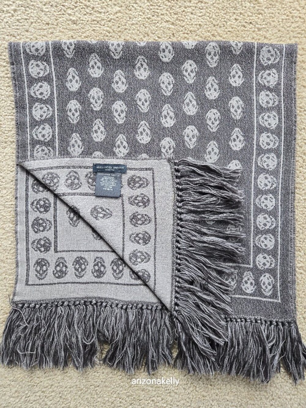 McQueen Wool/Silk Skull Scarf Woven Fringe Dark/Light Grey